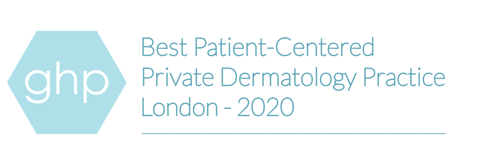 A blue banner with the words " best patient-centered private dermatology, london 2 0 2 0 ".