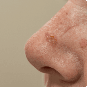 Close-up of a nose with a skin lesion.