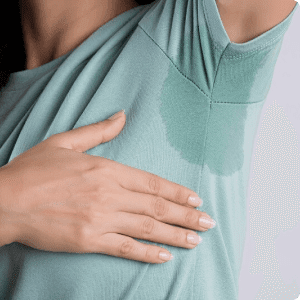 Sweaty shirt with dampened shoulder area.