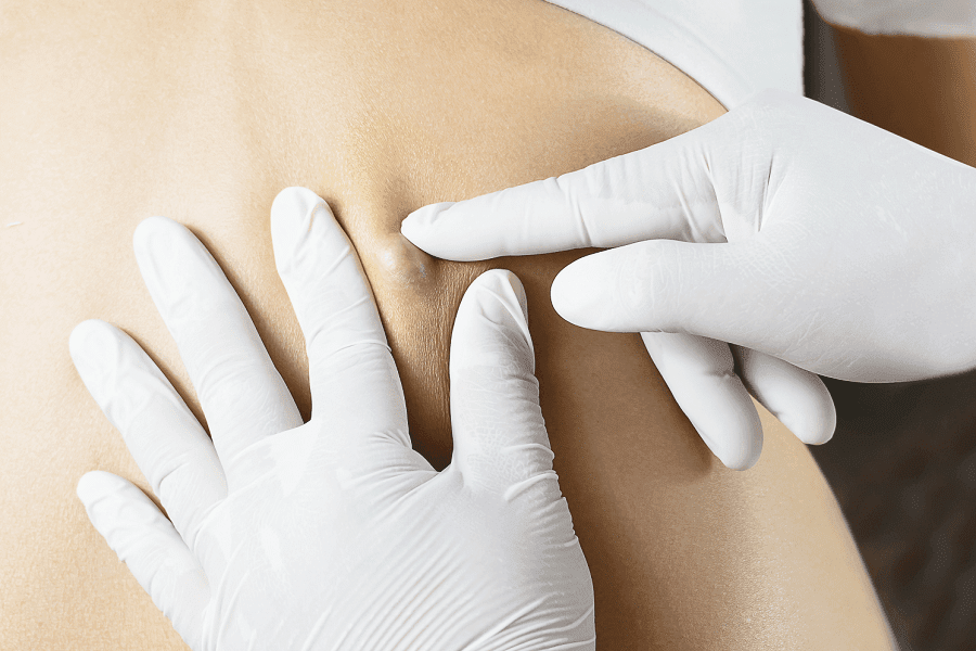Doctor examining skin with gloved hands.